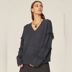 Jason Wu Charcoal woolV-Neck Sweater with Fringe Accents